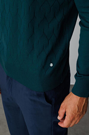 Petrol Standart Fit Dar Kalıp Yarım Balıkçı Düz Uzun Kollu  Triko