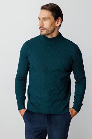 Petrol Standart Fit Dar Kalıp Yarım Balıkçı Düz Uzun Kollu  Triko