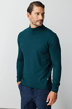 Petrol Standart Fit Dar Kalıp Yarım Balıkçı Düz Uzun Kollu  Triko