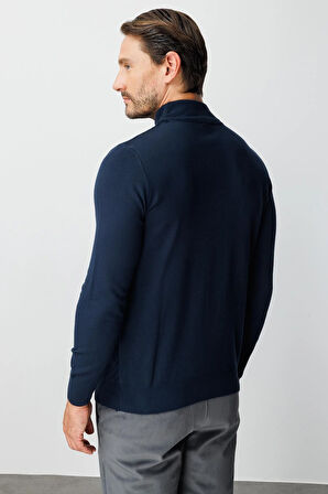 Lacivert Standart Fit Dar Kalıp Yarım Balıkçı Düz Uzun Kollu  Triko