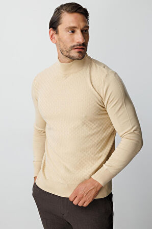 Bej Standart Fit Dar Kalıp Yarım Balıkçı Düz Uzun Kollu  Triko