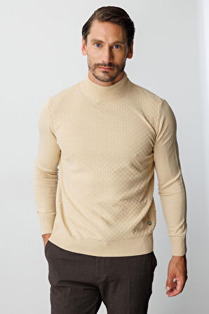 Bej Standart Fit Dar Kalıp Yarım Balıkçı Düz Uzun Kollu  Triko