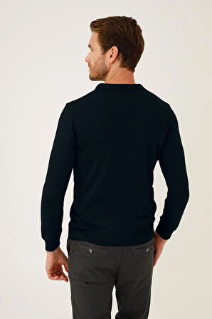 Lacivert Standart Fit Dar Kalıp Polo Yaka Düz Uzun Kollu  Triko