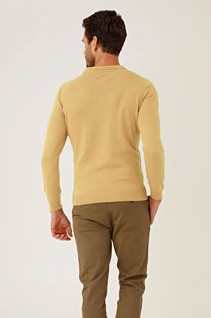 Bej Standart Fit Dar Kalıp Polo Yaka Düz Uzun Kollu  Triko