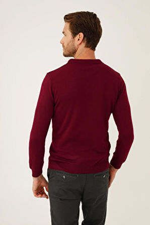 Bordo Standart Fit Dar Kalıp Polo Yaka Düz Uzun Kollu  Triko