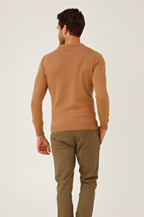 Açık Kahve Standart Fit Dar Kalıp Polo Yaka Düz Uzun Kollu  Triko