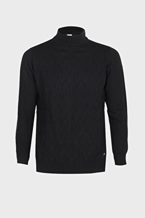 Siyah Standart Fit Dar Kalıp Yarım Balıkçı Desenli Uzun Kollu  Triko