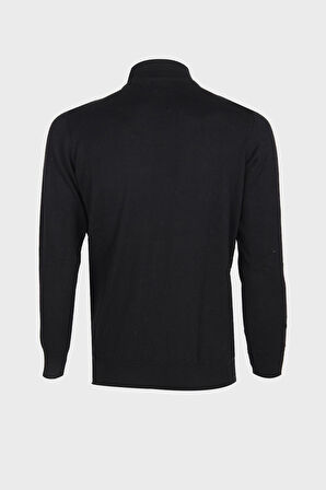 Siyah Standart Fit Dar Kalıp Yarım Balıkçı Desenli Uzun Kollu  Triko