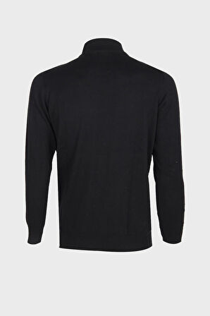 Siyah Standart Fit Dar Kalıp Yarım Balıkçı Desenli Uzun Kollu  Triko