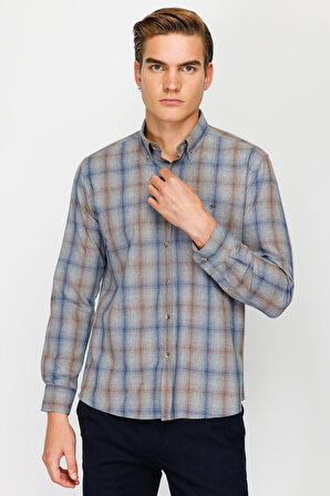 Gri Dynamic Fit  Düğmeli Yaka Ekose Uzun Kollu Cepsiz Pamuklu Gömlek