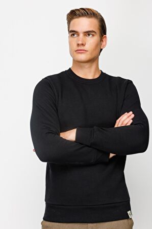 ERKEK SİYAH STANDART BİSİKLET YAKA SWEATSHİRT