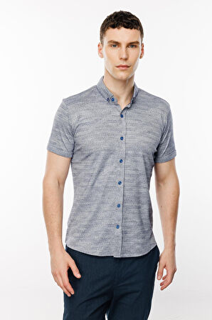 Lacivert Dynamic Fit  Düğmeli Yaka Düz Kısa Kollu Cepsiz Pamuklu Gömlek