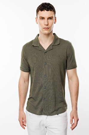 Haki Dynamic Fit  Apaç Yaka Düz Kısa Kollu Cepsiz Pamuklu Gömlek