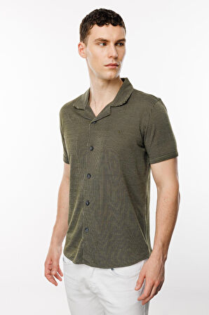 Haki Dynamic Fit  Apaç Yaka Düz Kısa Kollu Cepsiz Pamuklu Gömlek