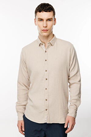 Bej Dynamic Fit  Düğmeli Yaka Düz Uzun Kollu Cepsiz Pamuklu Gömlek