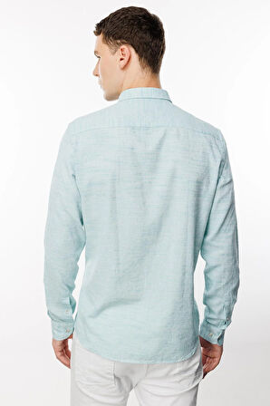 Yeşil Dynamic Fit  Düğmeli Yaka Düz Uzun Kollu Cepsiz %100 Pamuk Gömlek