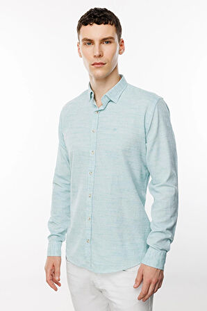 Yeşil Dynamic Fit  Düğmeli Yaka Düz Uzun Kollu Cepsiz %100 Pamuk Gömlek