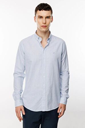 Açık Mavi Dynamic Fit  Düğmeli Yaka Düz Uzun Kollu Cepsiz %100 Pamuk Gömlek