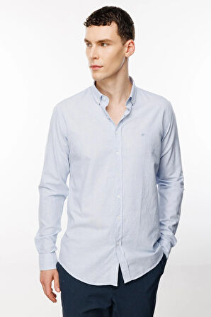 Açık Mavi Dynamic Fit  Düğmeli Yaka Düz Uzun Kollu Cepsiz %100 Pamuk Gömlek