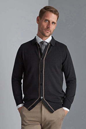 Siyah Standart Fit Dar Kalıp Düğmeli Düz Uzun Kollu  Triko Hırka