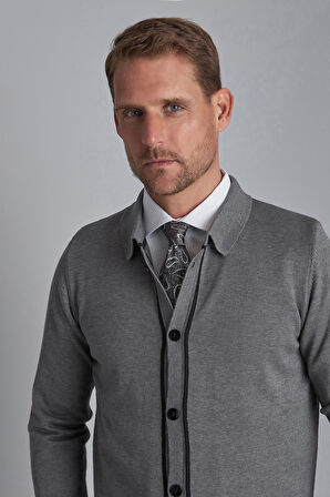 Gri Standart Fit Dar Kalıp Düğmeli Düz Uzun Kollu  Triko Hırka