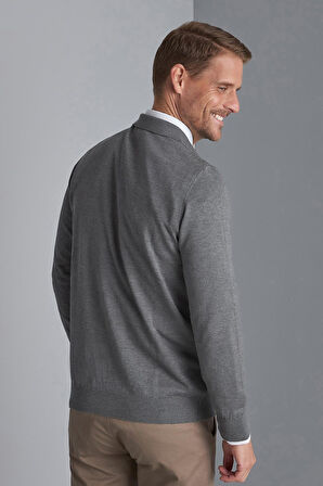 Gri Standart Fit Dar Kalıp Düğmeli Düz Uzun Kollu  Triko Hırka