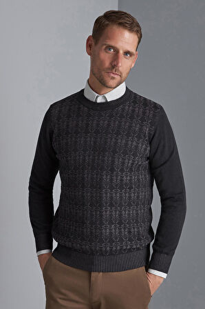 Siyah Standart Fit Dar Kalıp Yarım Balıkçı Desenli  Triko