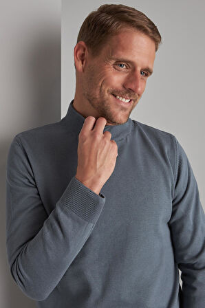 Petrol Standart Fit Dar Kalıp Yarım Balıkçı Düz Uzun Kollu  Triko