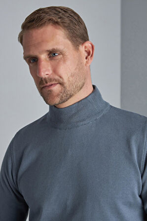 Petrol Standart Fit Dar Kalıp Yarım Balıkçı Düz Uzun Kollu  Triko