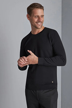 Siyah Slim Fit Dar Kalıp Bisiklet Yaka Düz Uzun Kollu  Triko