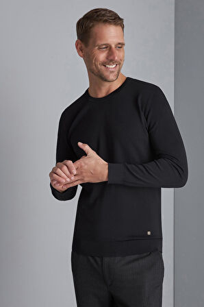 Siyah Slim Fit Dar Kalıp Bisiklet Yaka Düz Uzun Kollu  Triko