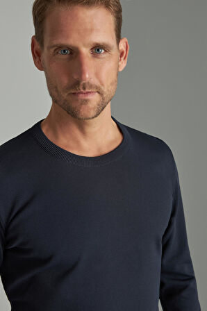 Lacivert Slim Fit Dar Kalıp Bisiklet Yaka Düz Uzun Kollu  Triko