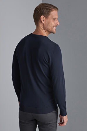 Lacivert Slim Fit Dar Kalıp Bisiklet Yaka Düz Uzun Kollu  Triko