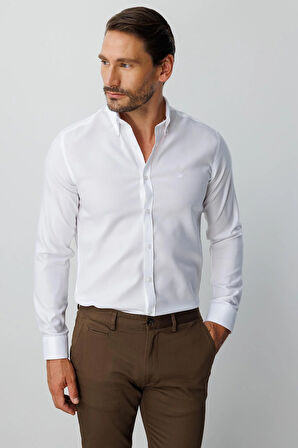 Beyaz Slim Fit Dar Kalıp Klasik Yaka Düz Uzun Kollu Cepsiz %100 Pamuk Gömlek