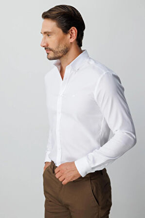 Beyaz Slim Fit Dar Kalıp Klasik Yaka Düz Uzun Kollu Cepsiz %100 Pamuk Gömlek