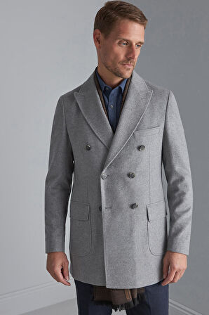 Erkek Gri Regularfit / Rahat Kalıp Kruvaze Kaban