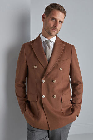 Erkek Kiremit Regularfit / Rahat Kalıp Kruvaze Kaban