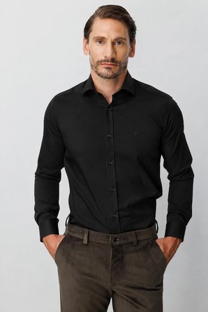 Siyah Regular Fit Geniş Kalıp Klasik Yaka Düz Uzun Kollu Cepsiz %100 Pamuk Non Iron Ütü İstemeyen Gömlek 