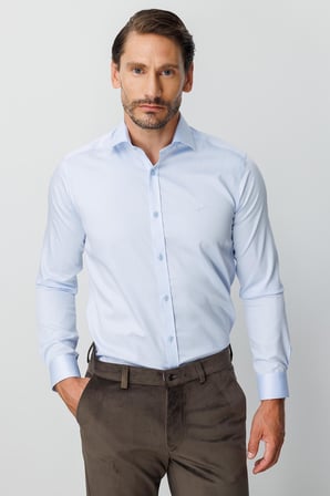 Mavi Slim Fit Dar Kalıp Klasik Yaka Düz Uzun Kollu Cepsiz %100 Pamuk Non Iron Ütü İstemeyen Gömlek 
