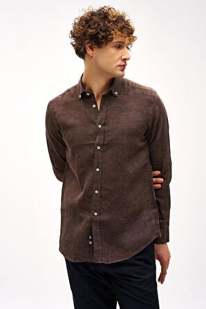Kahve Dynamic Fit Düğmeli Yaka Düz Uzun Kollu Cepsiz %100 Keten Gömlek