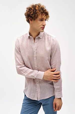 Bej  Dynamic Fit Düğmeli Yaka Düz Uzun Kollu Cepsiz %100 Keten Gömlek