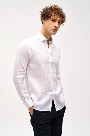 Beyaz Dynamic Fit Düğmeli Yaka Düz Uzun Kollu Cepsiz %100 Keten Gömlek