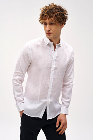 Beyaz Dynamic Fit Düğmeli Yaka Düz Uzun Kollu Cepsiz %100 Keten Gömlek