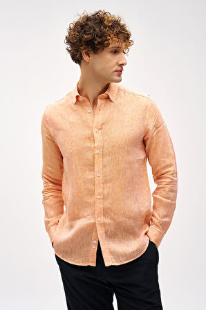 Turuncu Dynamic Fit Düğmeli Yaka Düz Uzun Kollu Cepsiz %100 Keten Gömlek