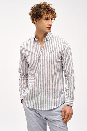 Lacivert Dynamic Fit  Düğmeli Yaka Çizgili Uzun Kollu Cepsiz Pamuklu Gömlek