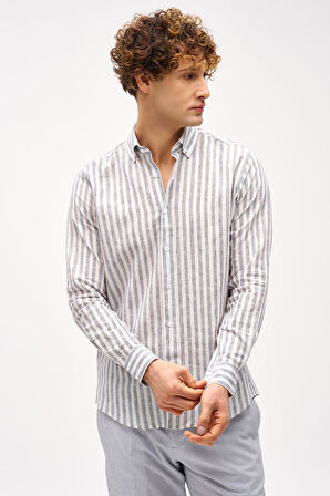 Lacivert Dynamic Fit  Düğmeli Yaka Çizgili Uzun Kollu Cepsiz Pamuklu Gömlek