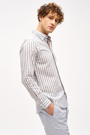 Lacivert Dynamic Fit  Düğmeli Yaka Çizgili Uzun Kollu Cepsiz Pamuklu Gömlek