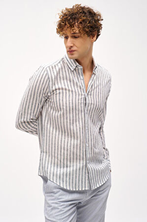 Lacivert Dynamic Fit  Düğmeli Yaka Çizgili Uzun Kollu Cepsiz Pamuklu Gömlek