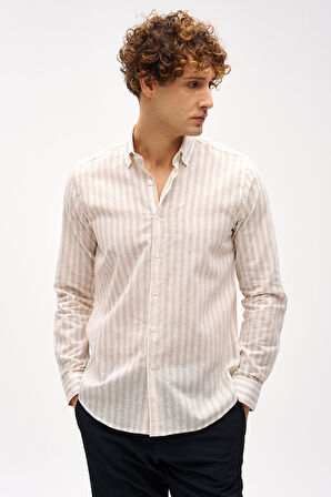 Bej Dynamic Fit  Düğmeli Yaka Çizgili Uzun Kollu Cepsiz Pamuklu Gömlek