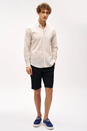 Bej Dynamic Fit  Düğmeli Yaka Çizgili Uzun Kollu Cepsiz Pamuklu Gömlek